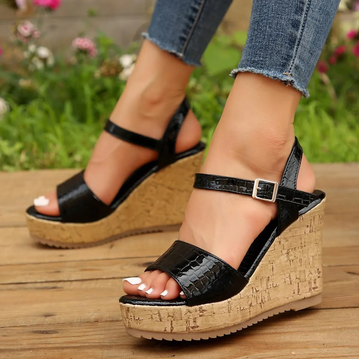 Women's Crocodile pattern Sandal Hook and Loop Wedge Sandals Thick Strappy Platform Shoe Anti-Slip Elegant High Heel