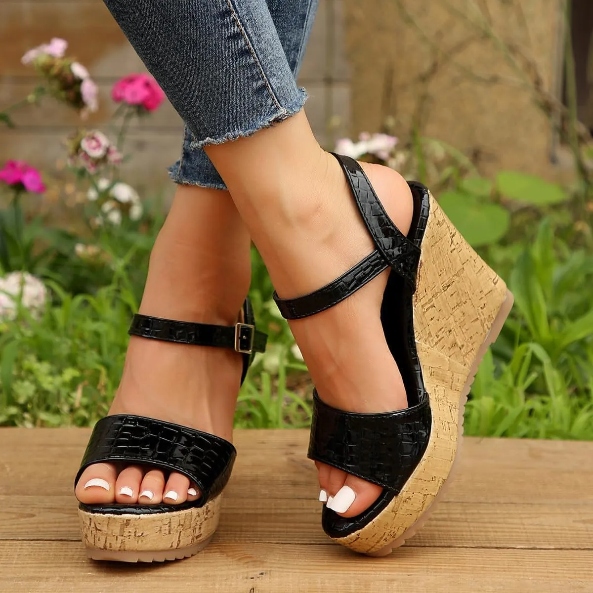 Women's Crocodile pattern Sandal Hook and Loop Wedge Sandals Thick Strappy Platform Shoe Anti-Slip Elegant High Heel