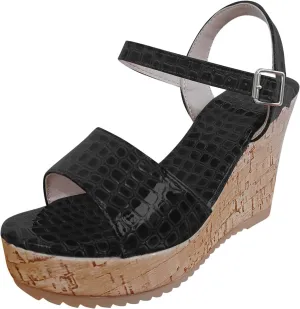 Women's Crocodile pattern Sandal Hook and Loop Wedge Sandals Thick Strappy Platform Shoe Anti-Slip Elegant High Heel