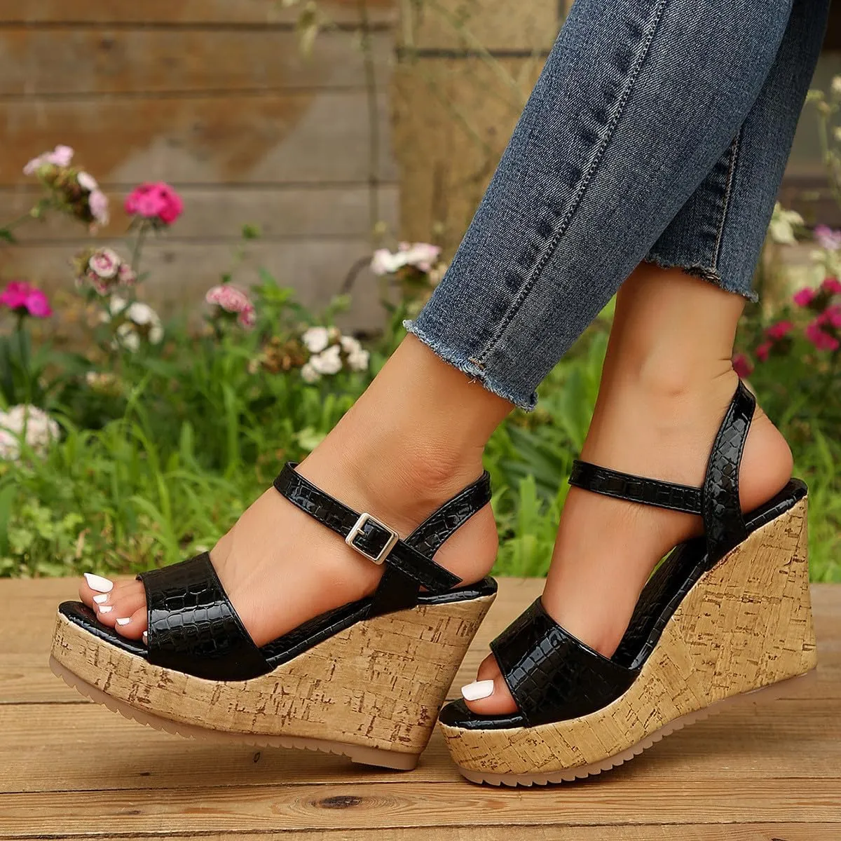 Women's Crocodile pattern Sandal Hook and Loop Wedge Sandals Thick Strappy Platform Shoe Anti-Slip Elegant High Heel