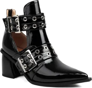 Women's Cutout Double Buckle Strap Booties Pointed Toe Chunky Block Heel Sandals with Back Zipper Summer Ankle Boots Dressy Heeled Sandal