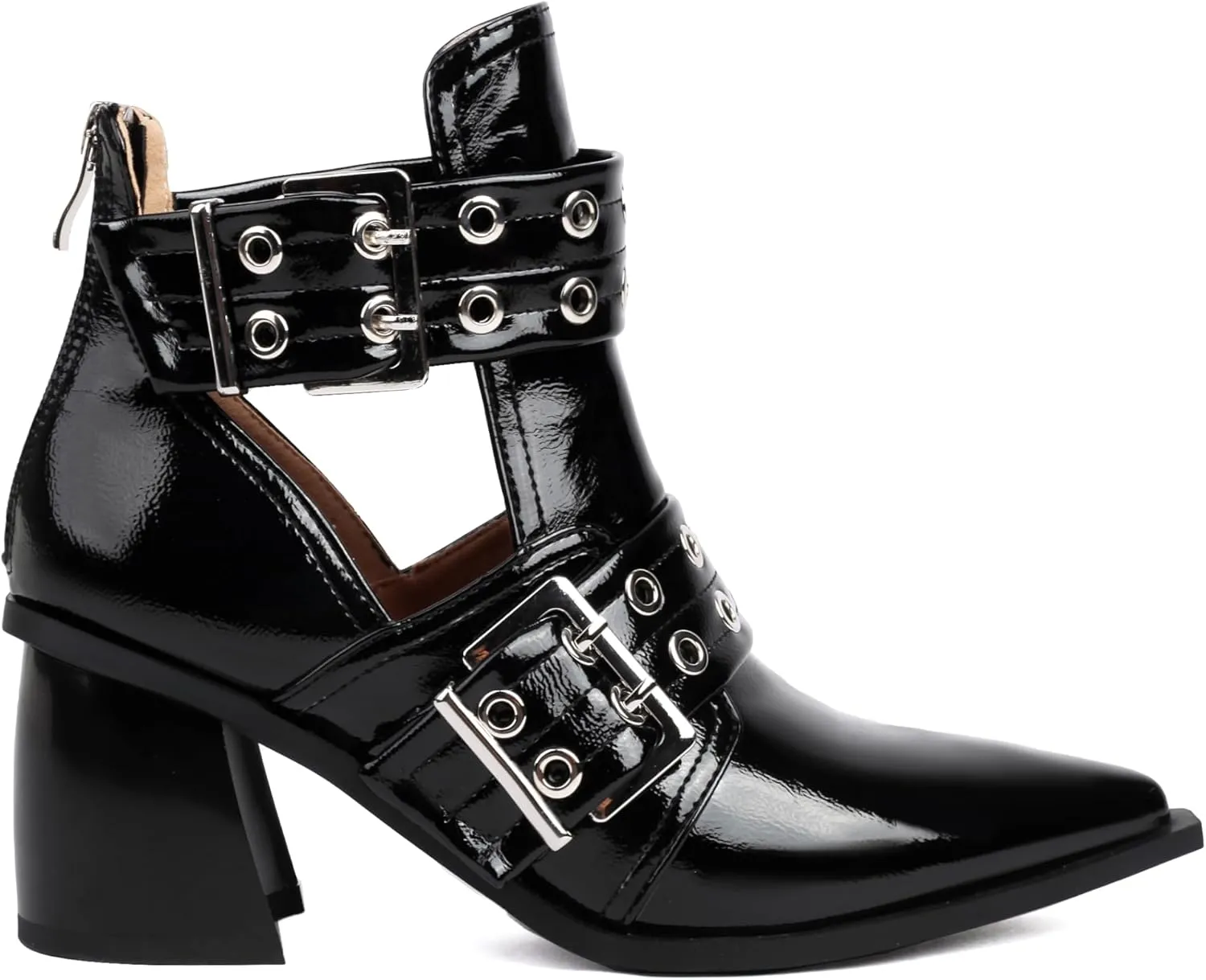 Women's Cutout Double Buckle Strap Booties Pointed Toe Chunky Block Heel Sandals with Back Zipper Summer Ankle Boots Dressy Heeled Sandal