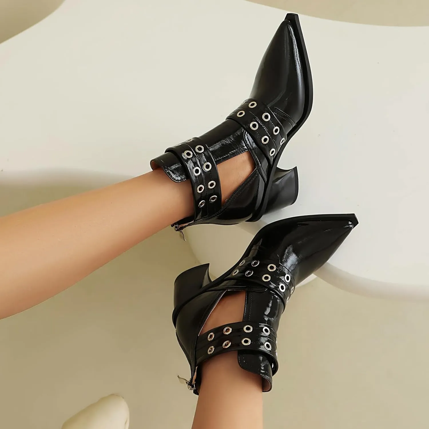 Women's Cutout Double Buckle Strap Booties Pointed Toe Chunky Block Heel Sandals with Back Zipper Summer Ankle Boots Dressy Heeled Sandal