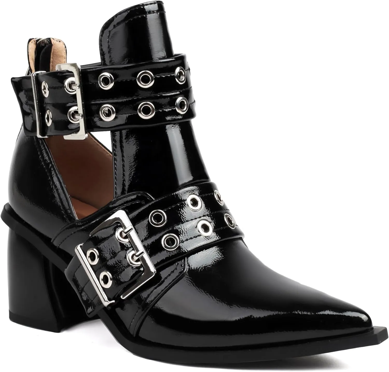 Women's Cutout Double Buckle Strap Booties Pointed Toe Chunky Block Heel Sandals with Back Zipper Summer Ankle Boots Dressy Heeled Sandal
