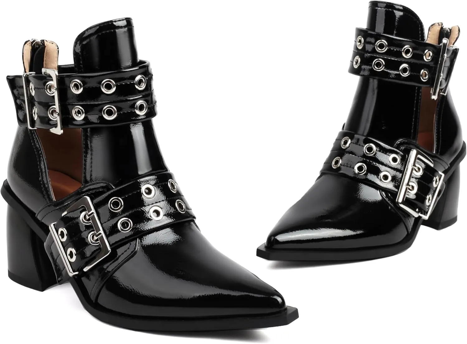 Women's Cutout Double Buckle Strap Booties Pointed Toe Chunky Block Heel Sandals with Back Zipper Summer Ankle Boots Dressy Heeled Sandal