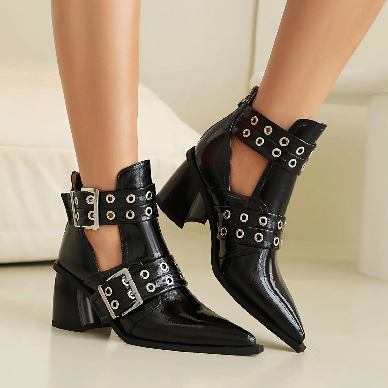 Women's Cutout Double Buckle Strap Booties Pointed Toe Chunky Block Heel Sandals with Back Zipper Summer Ankle Boots Dressy Heeled Sandal
