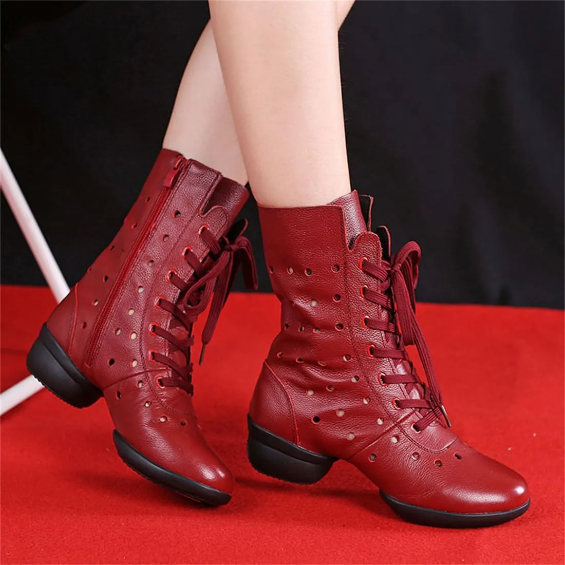 Womens Dancing Boots Lightweight Comfy Platform Dance Shoes Lace-Up Fashion Split Sole Dance Sneakers