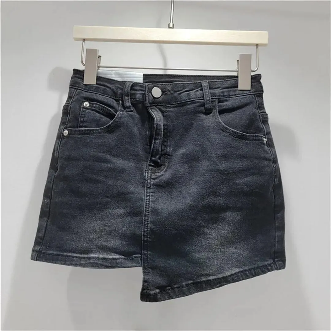 Women's Denim Skirts Slim Black Irregular Short Wrap HIPS High Waist Miniskirt