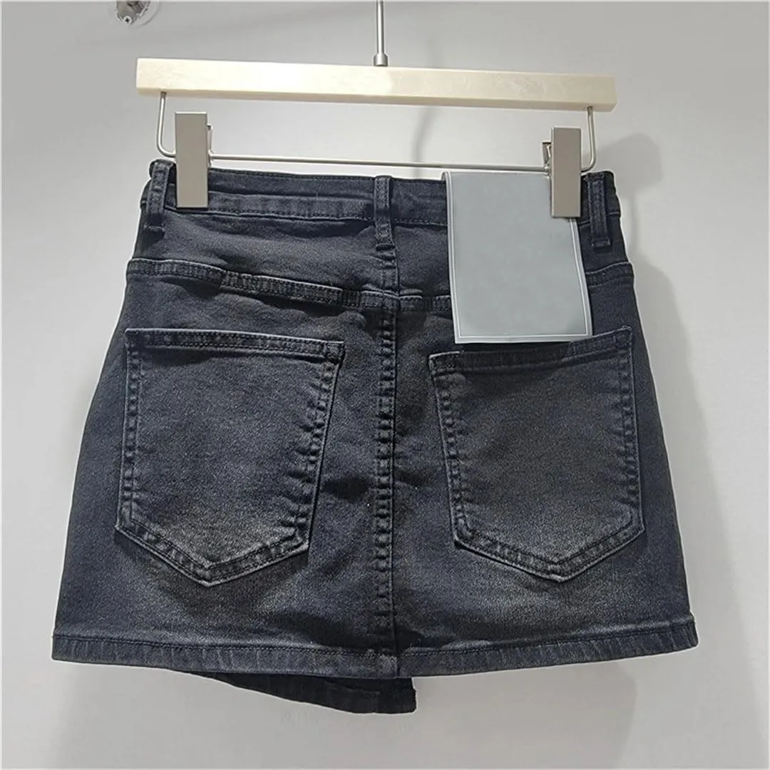 Women's Denim Skirts Slim Black Irregular Short Wrap HIPS High Waist Miniskirt