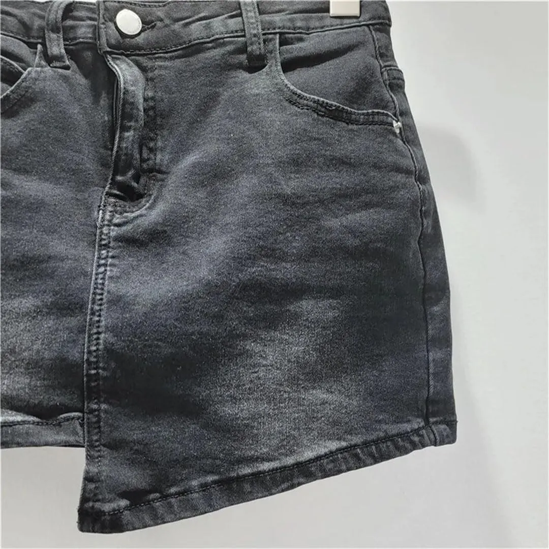 Women's Denim Skirts Slim Black Irregular Short Wrap HIPS High Waist Miniskirt