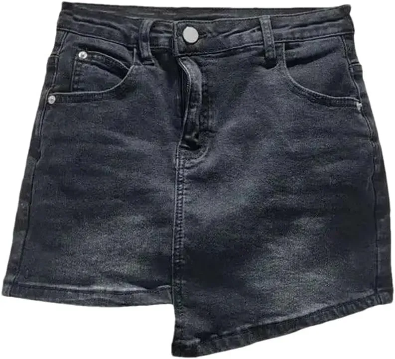 Women's Denim Skirts Slim Black Irregular Short Wrap HIPS High Waist Miniskirt