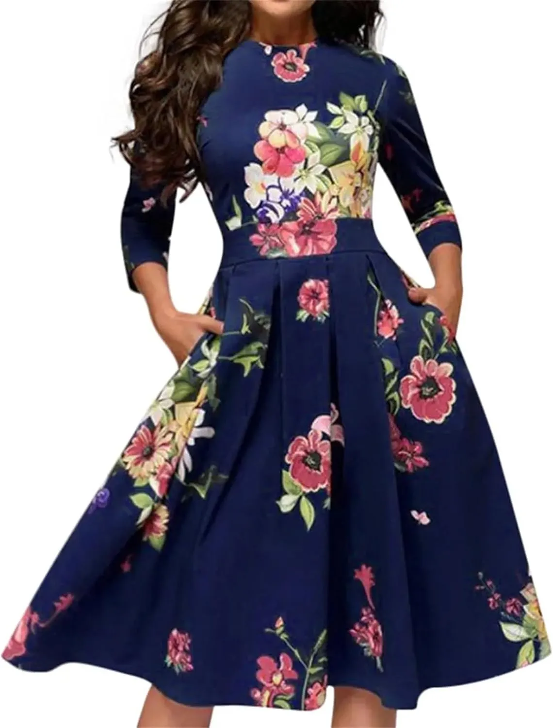 Women's Elegant A-Line Vintage Floral Dress - Round Neck Printed Party Dress for Evening