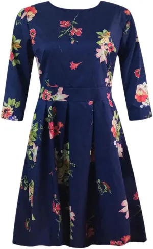 Women's Elegant A-Line Vintage Floral Dress - Round Neck Printed Party Dress for Evening
