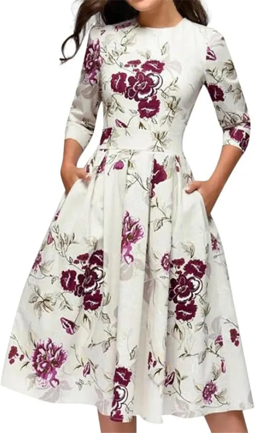 Women's Elegant A-Line Vintage Floral Dress - Round Neck Printed Party Dress for Evening