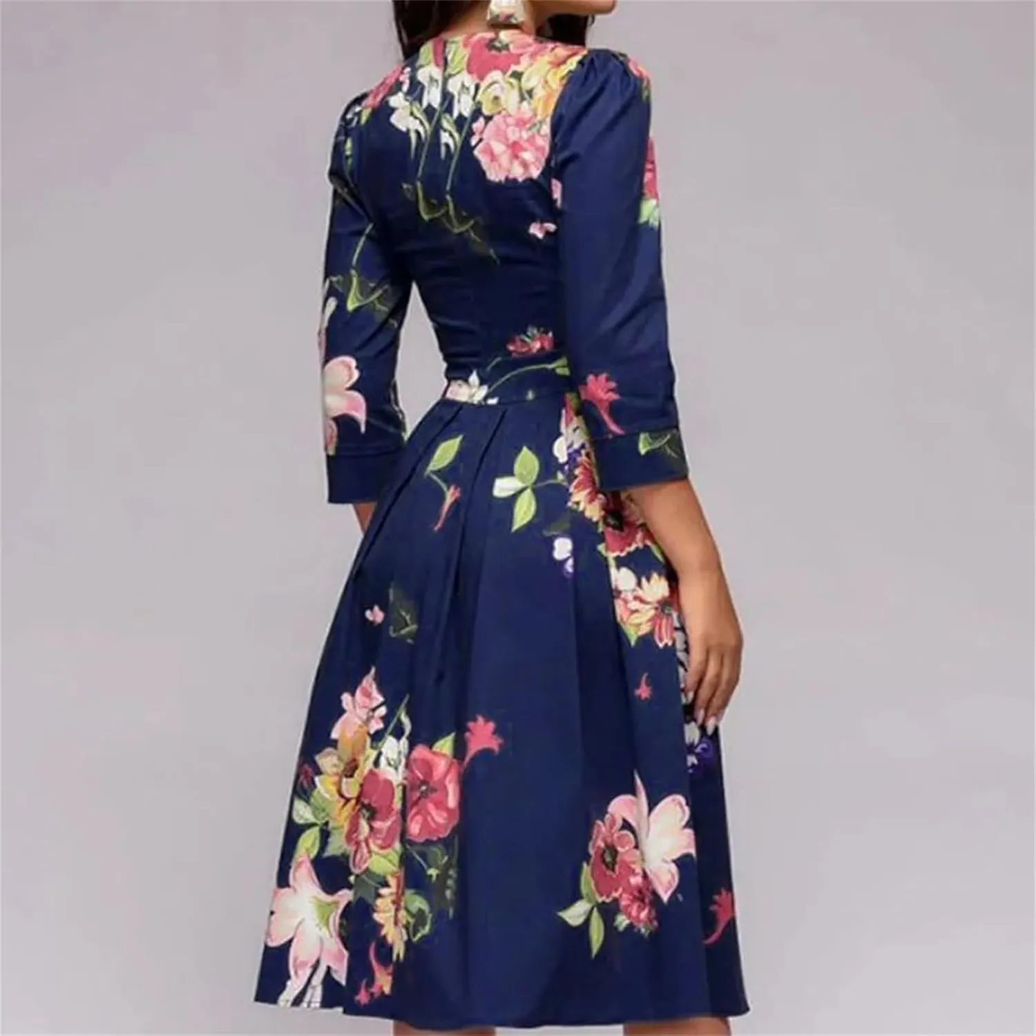 Women's Elegant A-Line Vintage Floral Dress - Round Neck Printed Party Dress for Evening