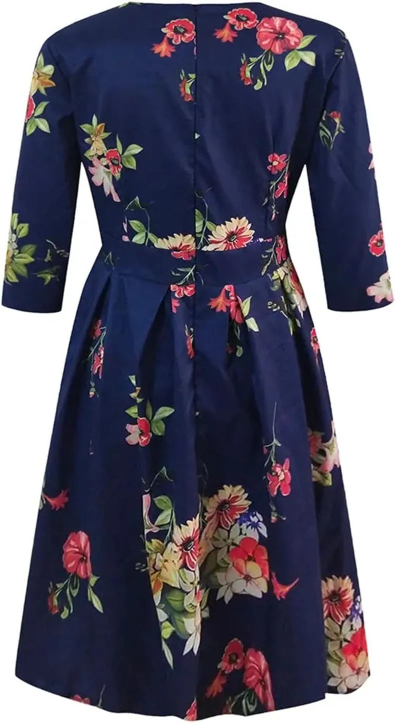 Women's Elegant A-Line Vintage Floral Dress - Round Neck Printed Party Dress for Evening