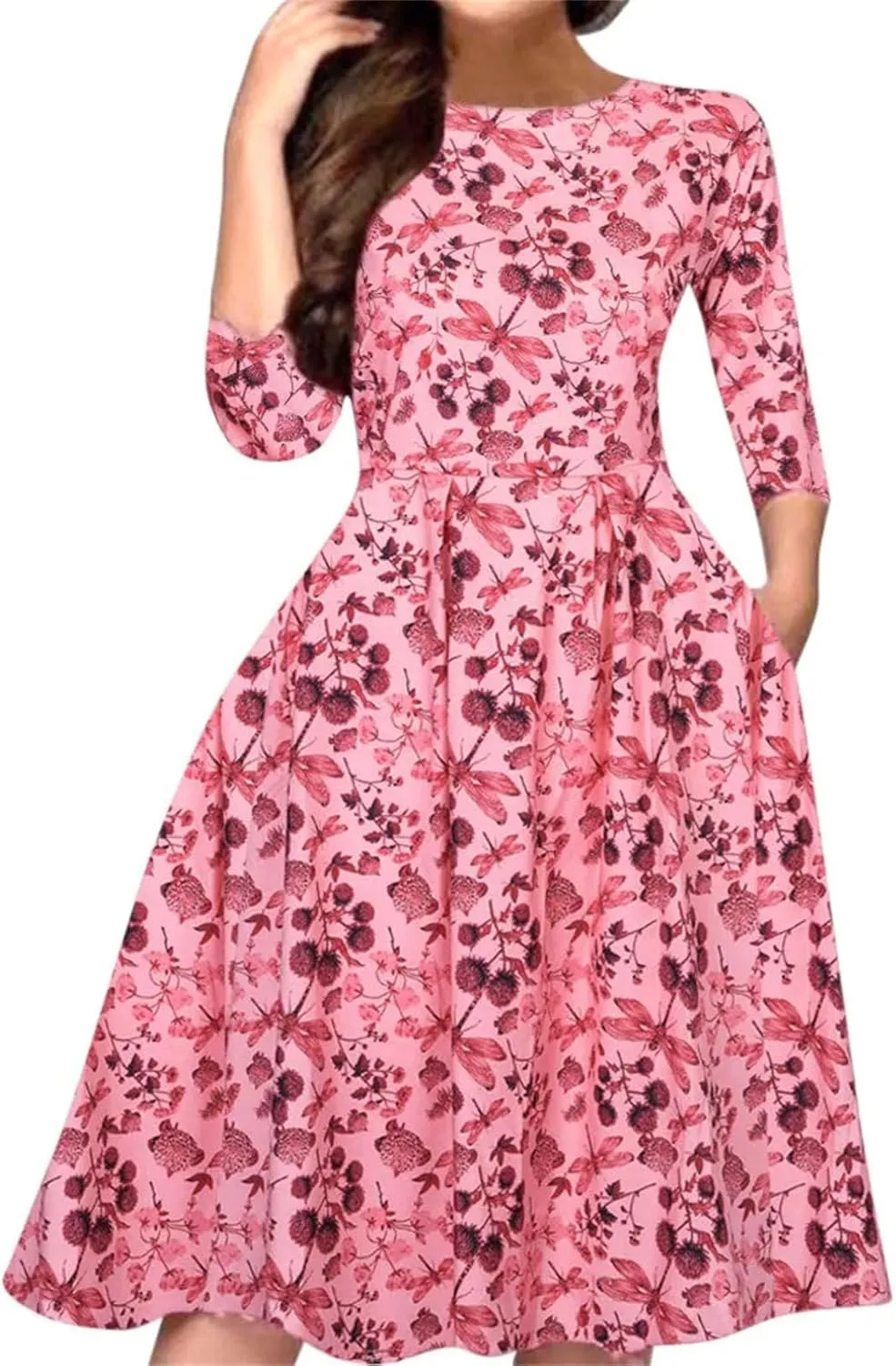 Women's Elegant A-Line Vintage Floral Dress - Round Neck Printed Party Dress for Evening