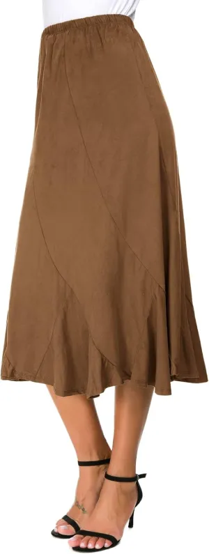 Women's Elegant Ankle Length Ruffle Hem Elastic Waist Suede Midi Skirt (M, Brown)