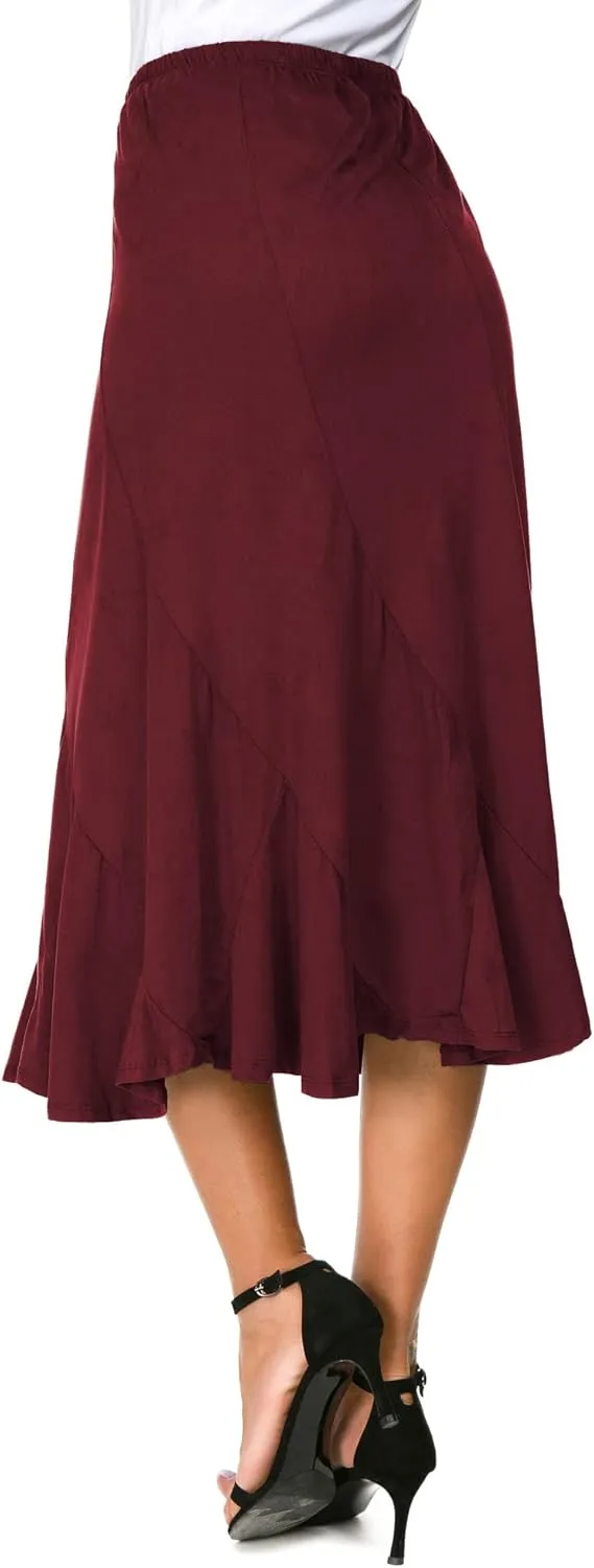 Women's Elegant Ankle Length Ruffle Hem Elastic Waist Suede Midi Skirt