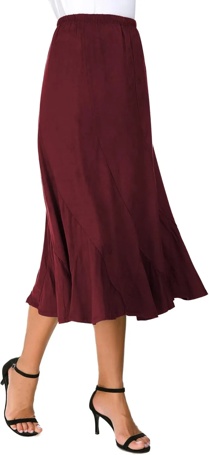 Women's Elegant Ankle Length Ruffle Hem Elastic Waist Suede Midi Skirt