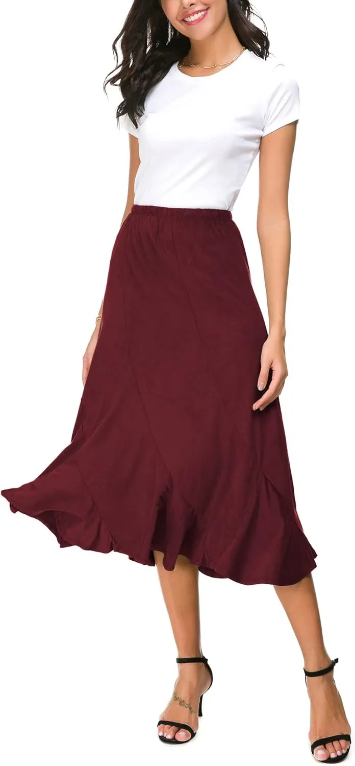 Women's Elegant Ankle Length Ruffle Hem Elastic Waist Suede Midi Skirt