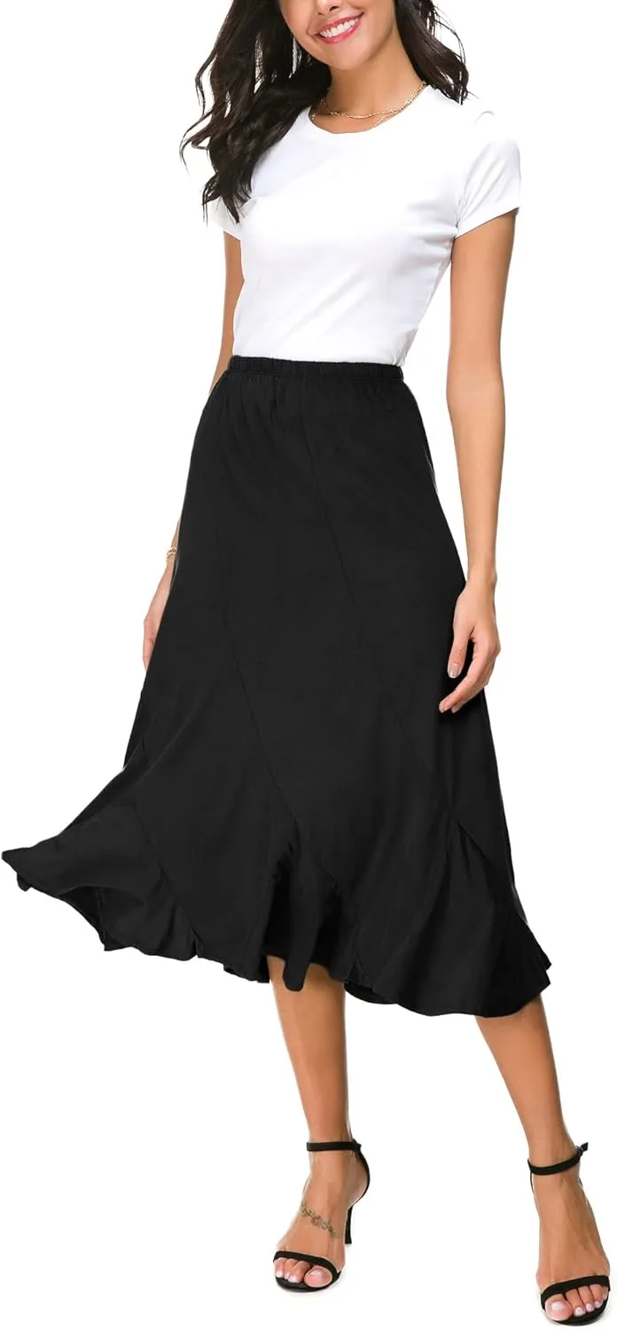 Women's Elegant Ankle Length Ruffle Hem Elastic Waist Suede Midi Skirt