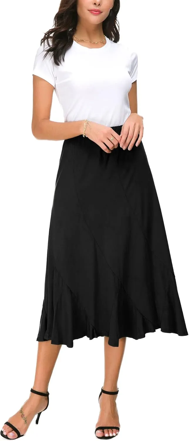 Women's Elegant Ankle Length Ruffle Hem Elastic Waist Suede Midi Skirt