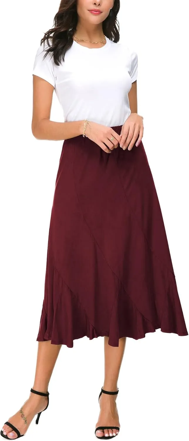Women's Elegant Ankle Length Ruffle Hem Elastic Waist Suede Midi Skirt
