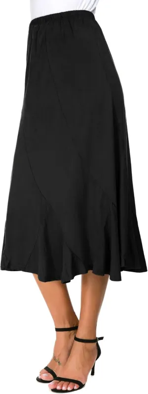 Women's Elegant Ankle Length Ruffle Hem Elastic Waist Suede Midi Skirt