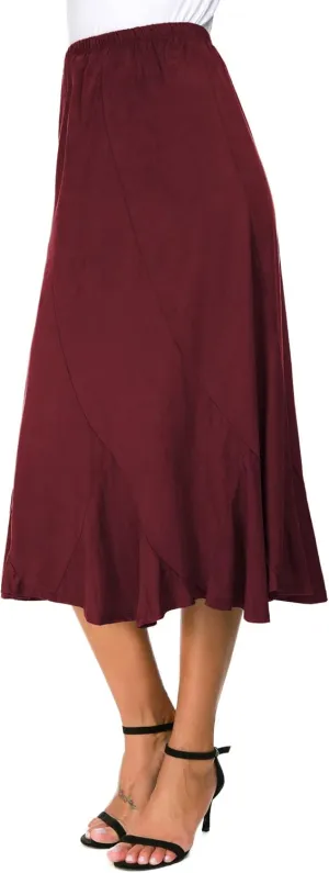 Women's Elegant Ankle Length Ruffle Hem Elastic Waist Suede Midi Skirt