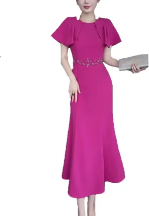 Women's Elegant Beaded Midi Mermaid Dress Summer Short Sleeves Formal Evening Party Dress Rose Red