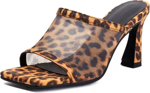 Women's Elegant Chunky Heeled Leopard Mesh Mules Clogs Slip On Square Toe Slingback Heeled Sandals