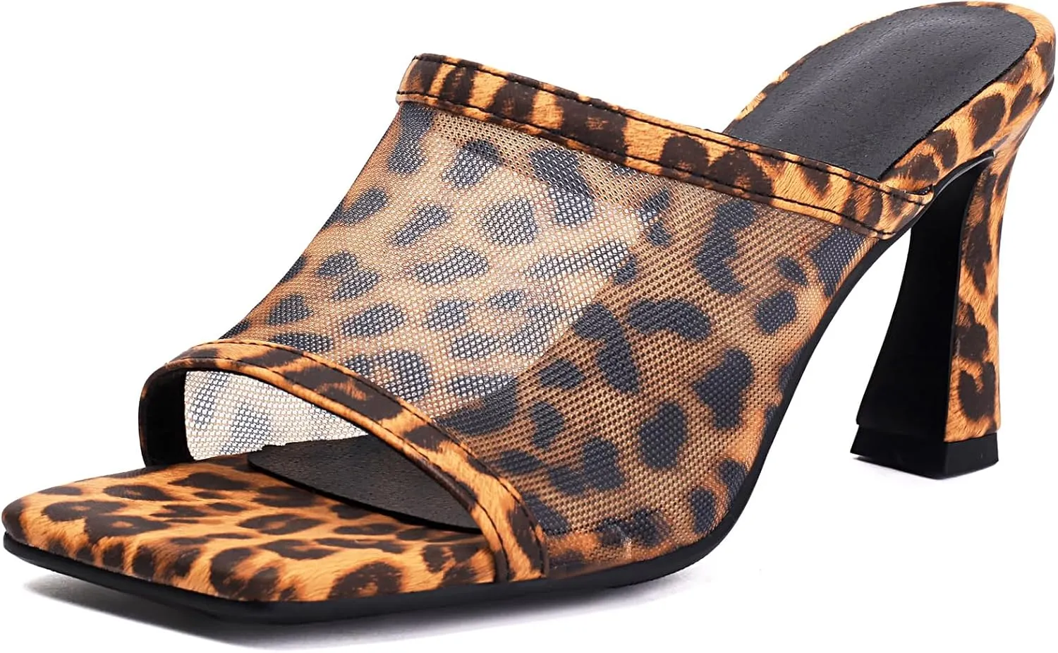 Women's Elegant Chunky Heeled Leopard Mesh Mules Clogs Slip On Square Toe Slingback Heeled Sandals