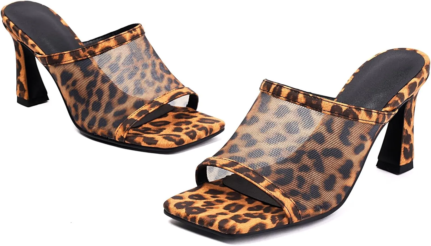 Women's Elegant Chunky Heeled Leopard Mesh Mules Clogs Slip On Square Toe Slingback Heeled Sandals