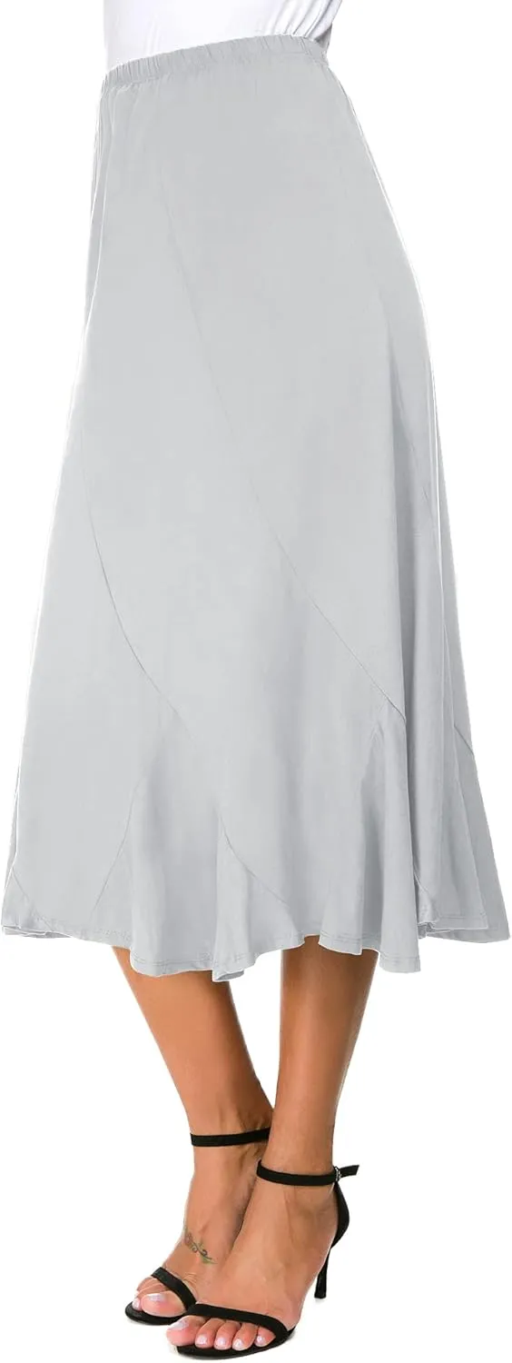Women's Elegant Elastic High Waist Suede Midi Skirt Casual A-Line Flared Swing Skirt