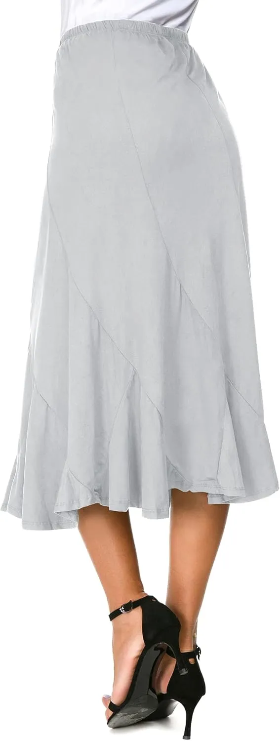 Women's Elegant Elastic High Waist Suede Midi Skirt Casual A-Line Flared Swing Skirt