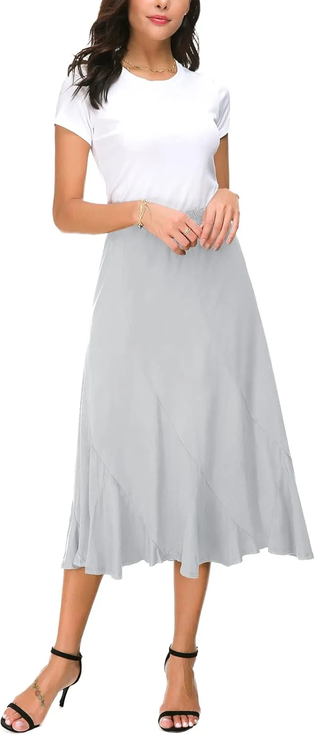 Women's Elegant Elastic High Waist Suede Midi Skirt Casual A-Line Flared Swing Skirt
