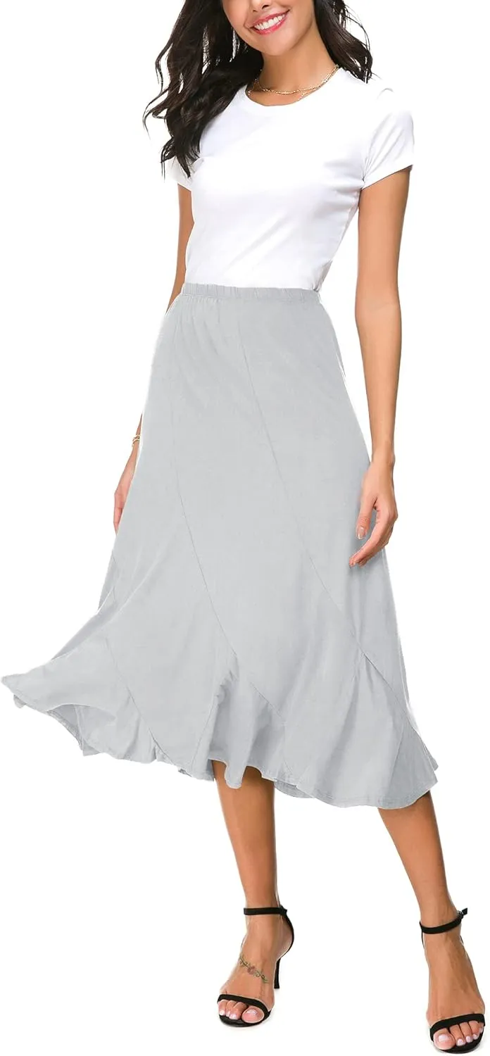 Women's Elegant Elastic High Waist Suede Midi Skirt Casual A-Line Flared Swing Skirt