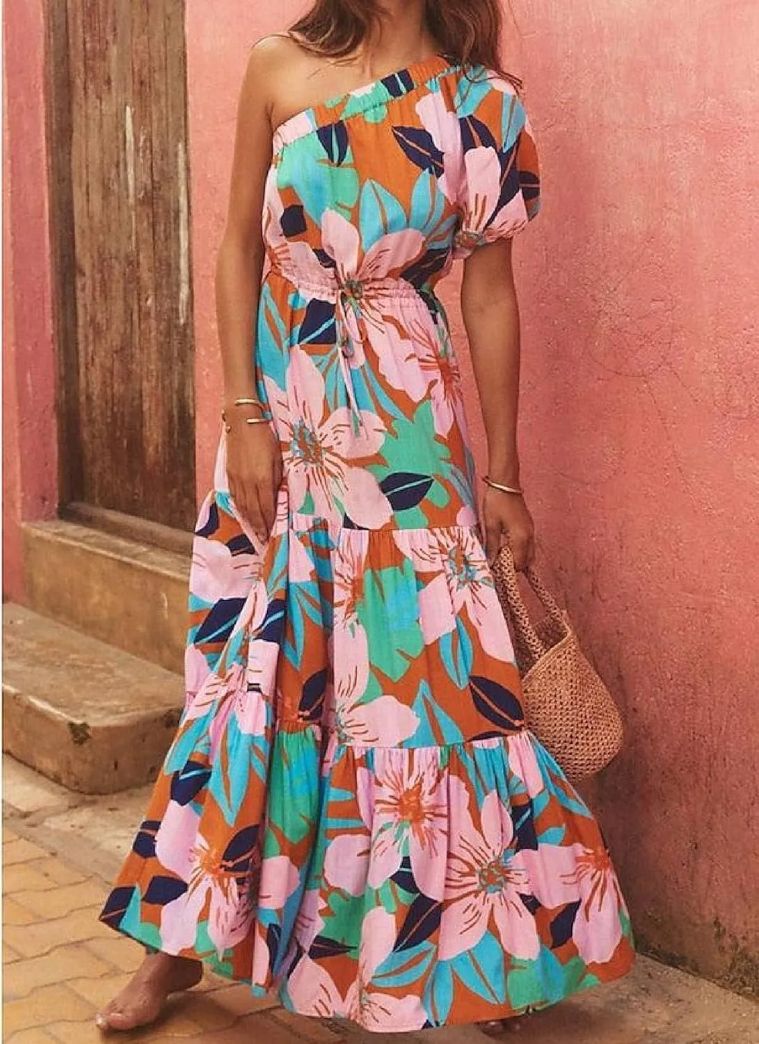 Women's Elegant One Shoulder Dress Floral Print Boho Floral Print Casual Short Puff Sleeve Beach Party Maxi Dresses
