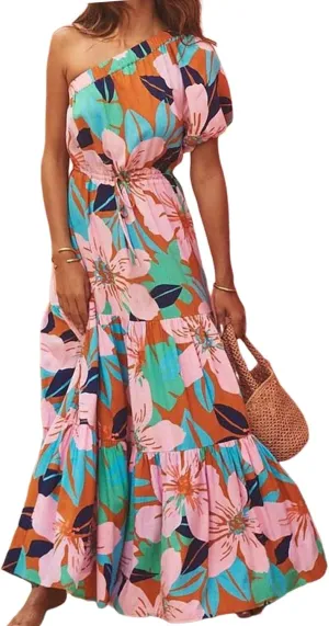 Women's Elegant One Shoulder Dress Floral Print Boho Floral Print Casual Short Puff Sleeve Beach Party Maxi Dresses