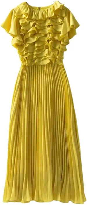 Women's Elegant Pleated Long Dress 2025 Summer Butterfly Sleeves Ruffles Party Dresses Yellow