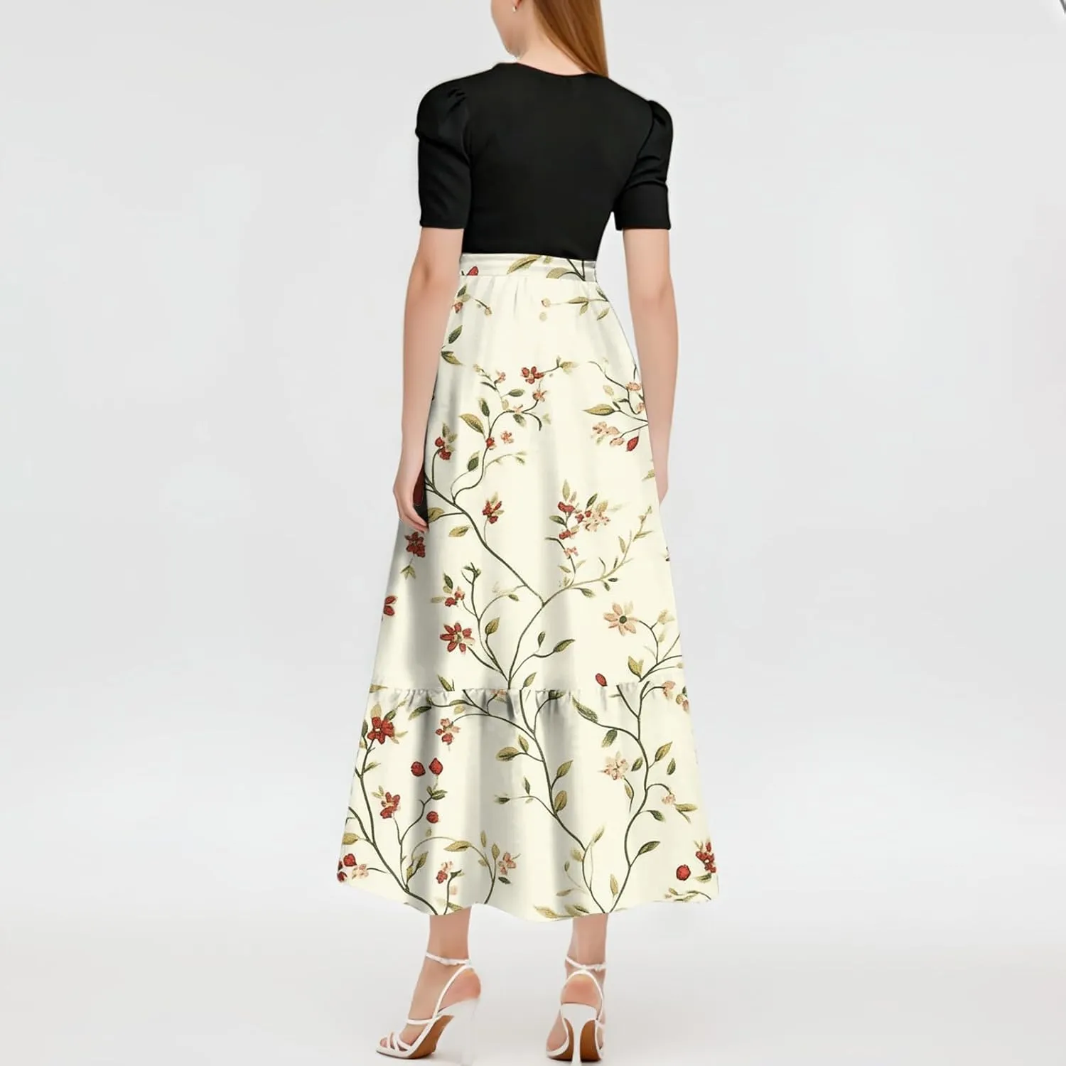 Women's Fashion Casual Belt Short Sleeve Round Neck Stitching Elegant Temperament Print Vacation Corset Long Dresses