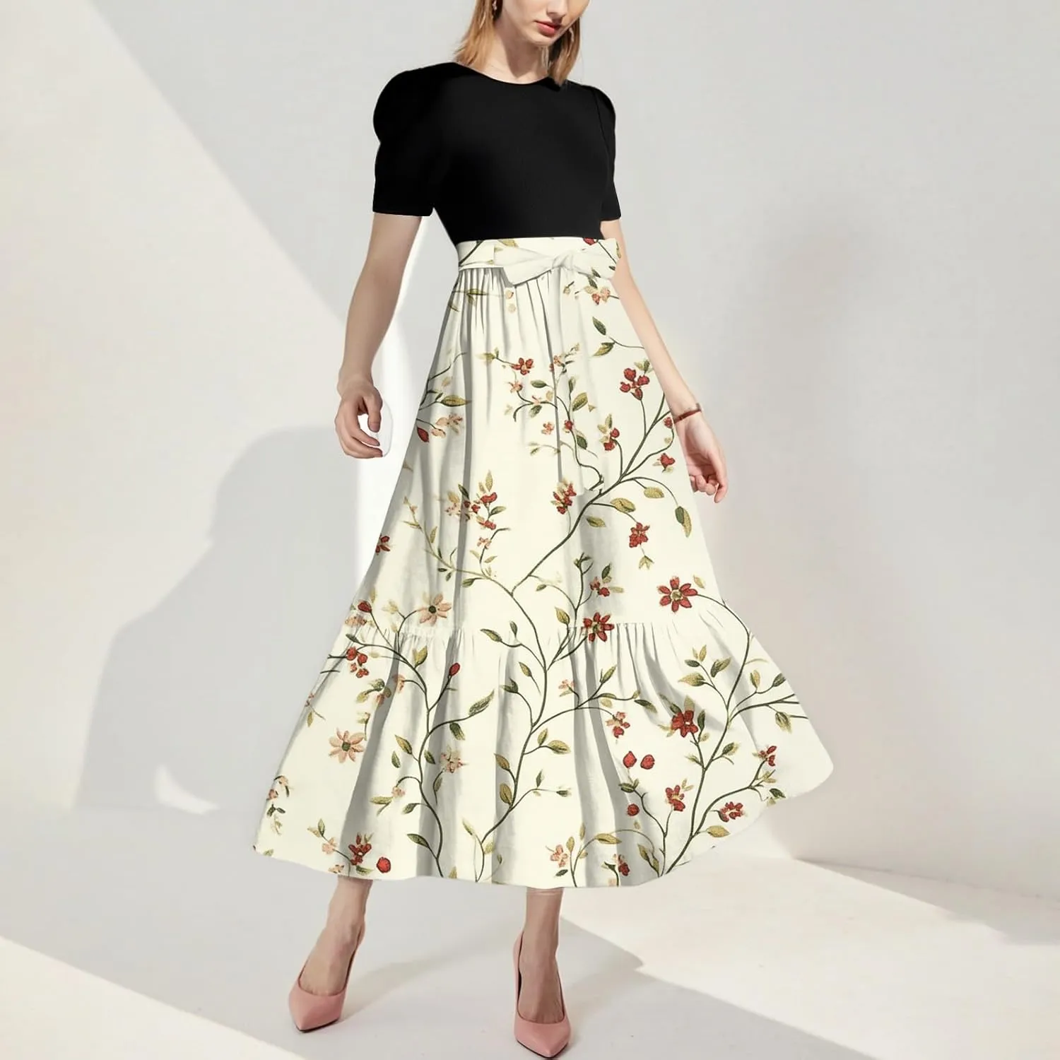 Women's Fashion Casual Belt Short Sleeve Round Neck Stitching Elegant Temperament Print Vacation Corset Long Dresses