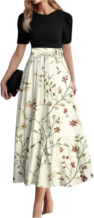 Women's Fashion Casual Belt Short Sleeve Round Neck Stitching Elegant Temperament Print Vacation Corset Long Dresses