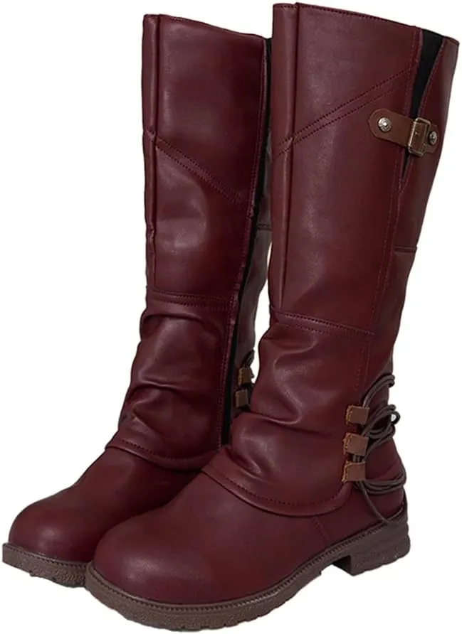 Women's Fashion Knee High Boots Side Zipper Motorcycle Boots Round Toe Chunky Low Heel Buckles Biker Riding Boots Fall Winter Dressy Boot Comfy Warm Platform Long Boots Wide Calf Boots