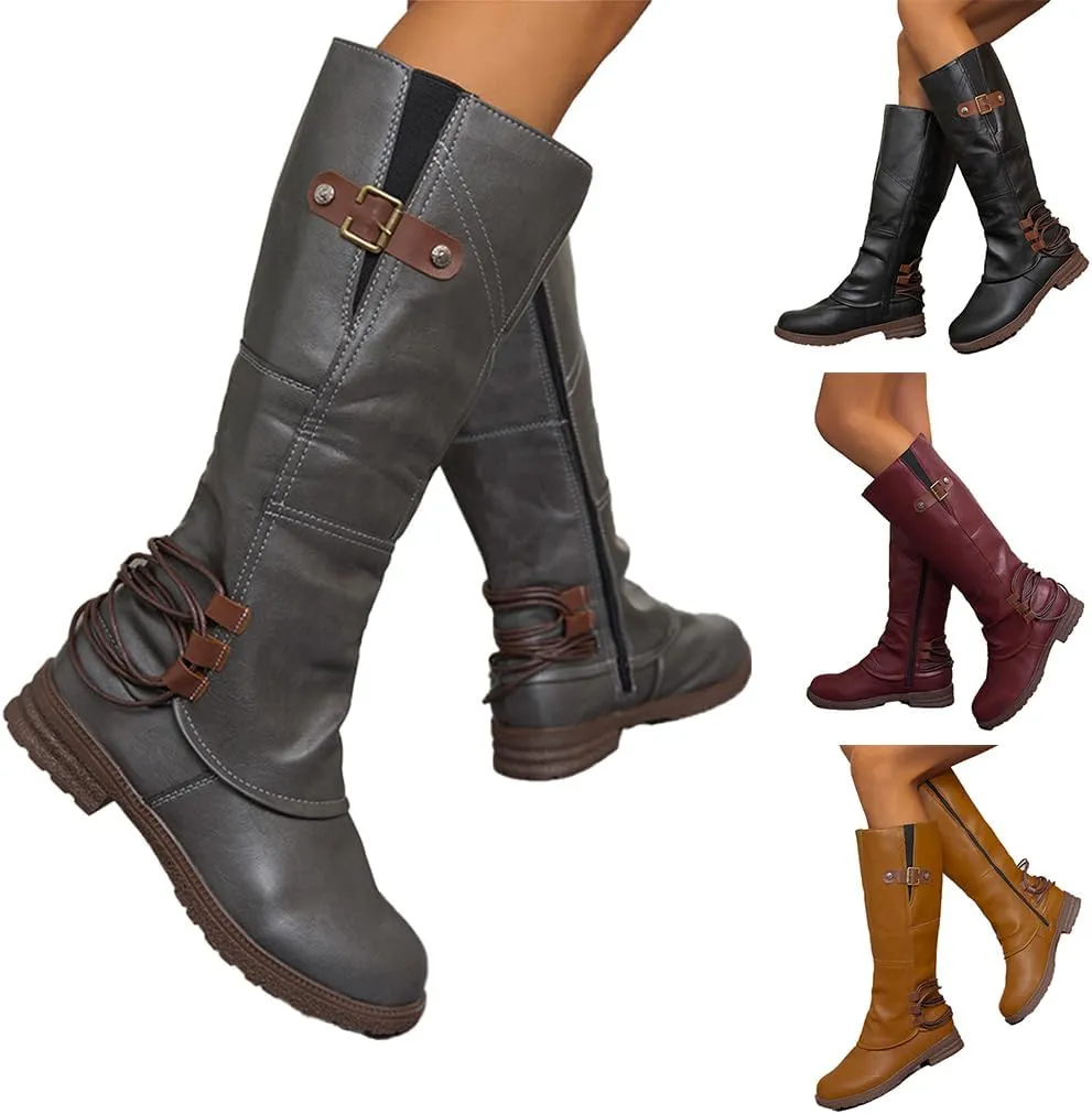 Women's Fashion Knee High Boots Side Zipper Motorcycle Boots Round Toe Chunky Low Heel Buckles Biker Riding Boots Fall Winter Dressy Boot Comfy Warm Platform Long Boots Wide Calf Boots