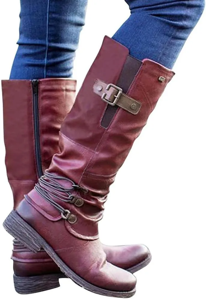 Women's Fashion Knee High Boots Side Zipper Motorcycle Boots Round Toe Chunky Low Heel Buckles Biker Riding Boots Fall Winter Dressy Boot Comfy Warm Platform Long Boots Wide Calf Boots