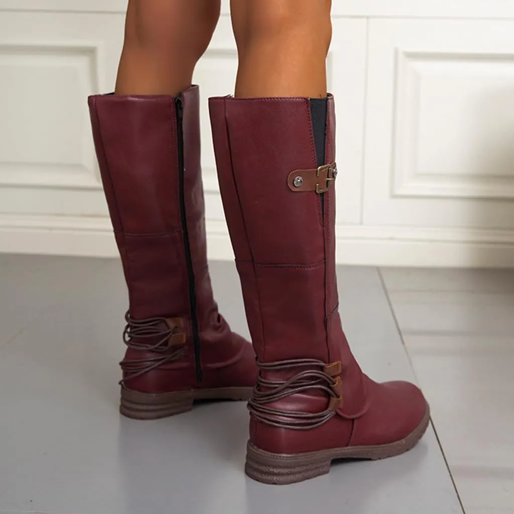 Women's Fashion Knee High Boots Side Zipper Motorcycle Boots Round Toe Chunky Low Heel Buckles Biker Riding Boots Fall Winter Dressy Boot Comfy Warm Platform Long Boots Wide Calf Boots