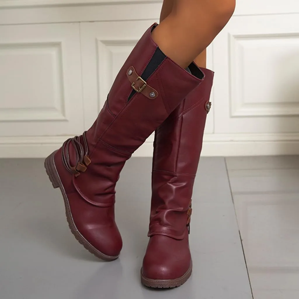Women's Fashion Knee High Boots Side Zipper Motorcycle Boots Round Toe Chunky Low Heel Buckles Biker Riding Boots Fall Winter Dressy Boot Comfy Warm Platform Long Boots Wide Calf Boots