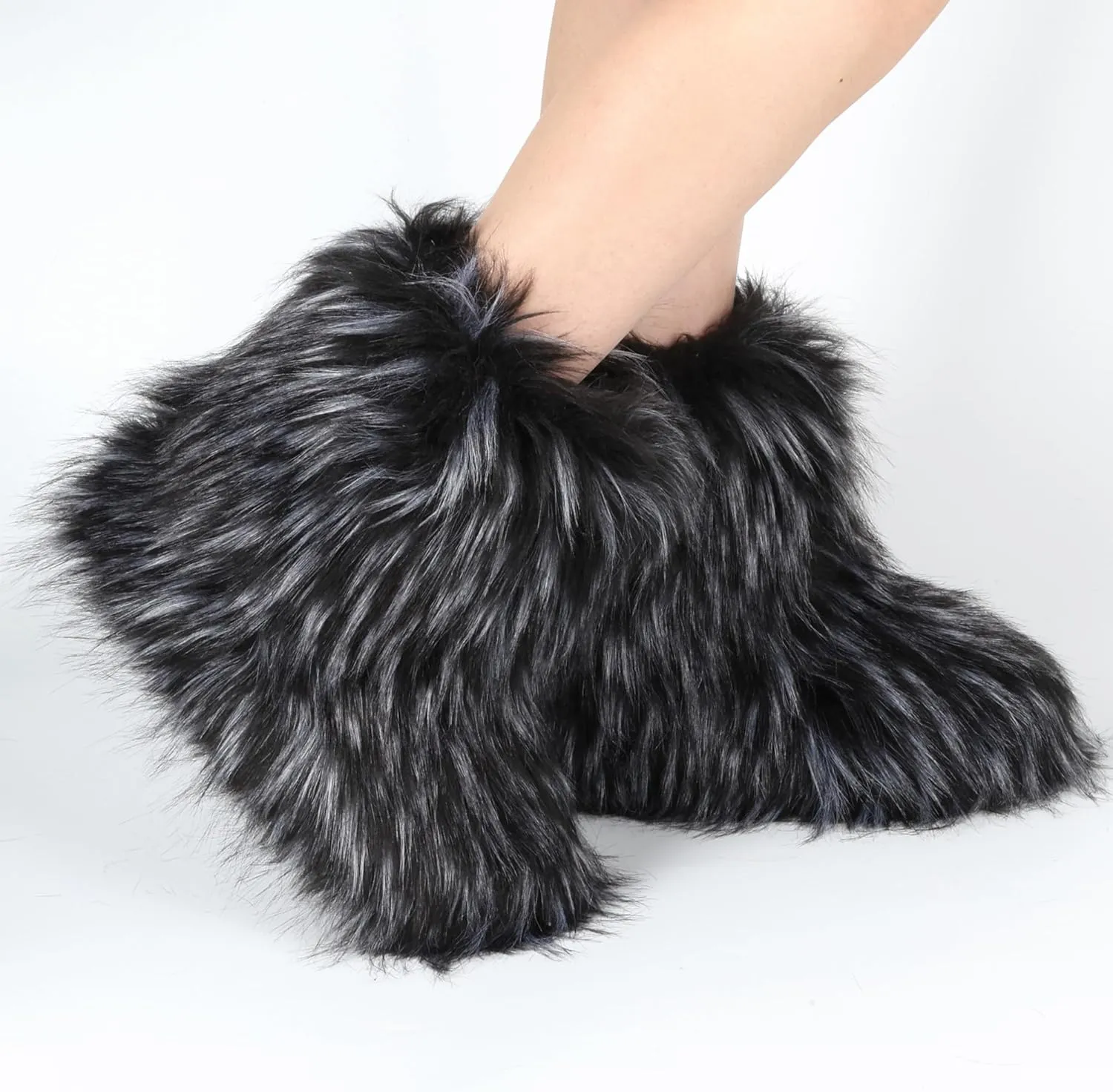 Women's Faux Fur Boots Furry Fuzzy Snow Boots Fluffy Winter Boot Warm Comfortable Mid-Calf Boot Outdoor Indoor Flat Shoes